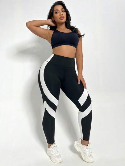 SHEIN Rhythm Era Quần legging cạp cao phối màu dành cho nữ cỡ lớn, kiểu dáng thoải mái, đa năng, thích hợp mặc hàng ngày.