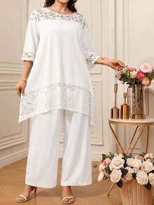 EMERY ROSE Plus Size Women Lace Patchwork Loose Suit. Elegant Casual, Commuting, Spring/Summer Party All White - White - View 7