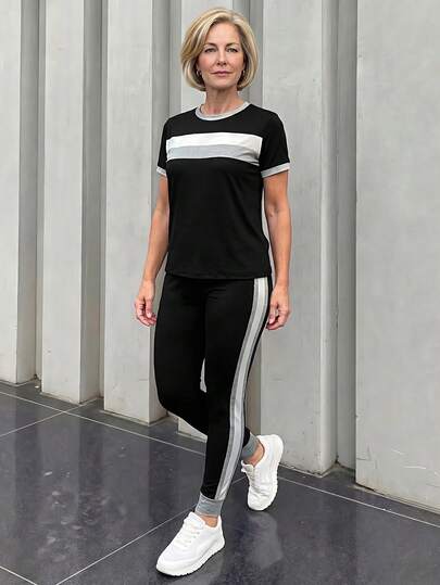 EMERY ROSE Conjunto de camiseta y pantalones a rayas de colores contrastantes para mujeres de mediana edad y mayores