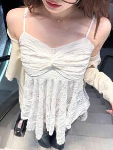 FRIFUL 女士纯色扭褶休闲百搭日常吊带背心上衣 夏季 - 白色 - 查看 10