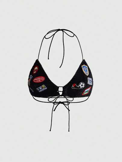 ROMWE Avant Women's Vintage Distressed Football Badge Embroidery Necklace Tie Cord Denim Top