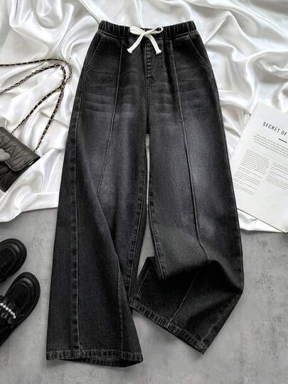 SHEIN Quần jeans ống rộng dáng suông thoải mái dành cho bé gái tuổi teen, có dây buộc eo.