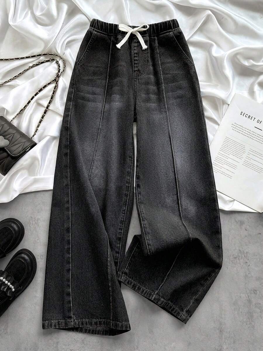 SHEIN Quần jeans ống rộng dáng suông thoải mái dành cho bé gái tuổi teen, có dây buộc eo. - màu đen - Xem 1