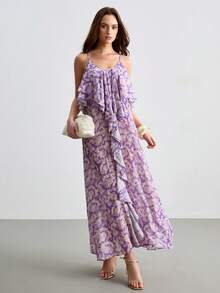 CielaLinda Đầm maxi hai dây xếp nếp in hoa dành cho nữ - Màu tím hoa cà - Xem 5