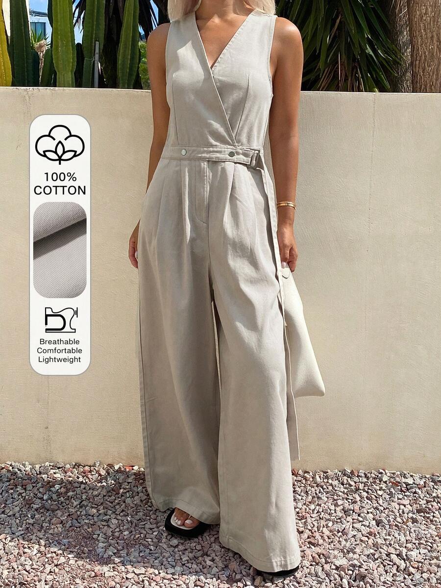 Livesso Mono y mono de mujer de algodón con cuello en V sin mangas, cintura ceñida y unicolor, adecuado para fiestas, playa, vacaciones, verano - Gris Claro - Ver 1