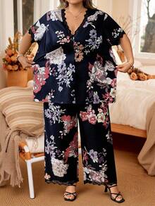 SHEIN CURVE+ 大码女式V领蕾丝边印花上衣和阔腿裤休闲两件套 - 彩色 - 查看 4