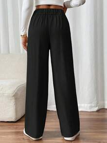 SHEIN PETITE CURVE 大码女士直筒优雅办公裤，女士休闲裤，大码裤装，蓝色条纹高腰裤，大码裤装 - 藍色 - 查看 9