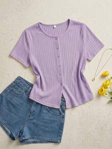 SHEIN Essnce 大码女装春夏时尚休闲弹力舒适日常百搭显瘦浅黄色纹理面料短袖T恤，曲线可爱上衣，夏季穿搭，外出上衣 - 紫丁香色 - 查看 1