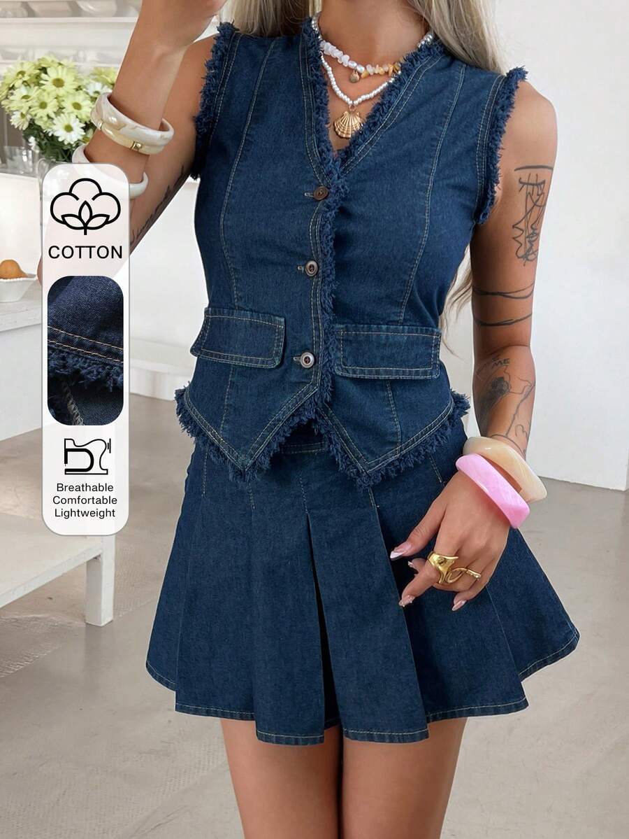 DAZY Bộ đồ nữ mùa hè không tay cổ chữ V, có tua rua ở eo, gồm áo khoác cardigan và chân váy denim ngắn, kiểu dáng thường ngày. - Rửa tối - Xem 1