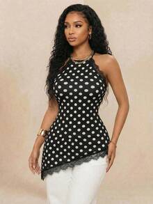 Eryvara Elegant Casual Polka Dot Halter Neck Camisole, Summer New Arrival - Black - View 3