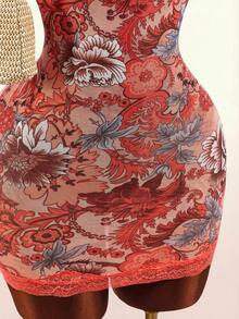 Amplova Lace Cup Detail Tropical Floral Mesh Bodycon Mini Dress - Yellow - View 6