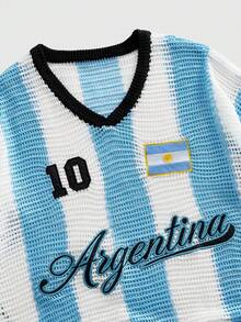 ROMWE MEN Prep 2026 Copa Brasil Men's Short Sleeve Knit T-Shirt With Embroidery And Openwork Design - Blue - View 3