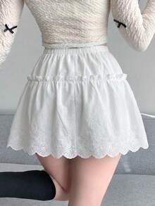 DAZY Damen einfarbiger Volant-Saum Ausschnitt-Stickerei Casual Rock - Weiss - Übersicht 6