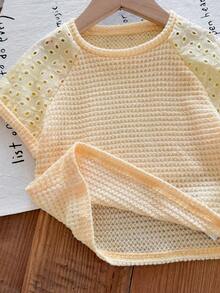 SHEIN LMoss Kids Young Girl Knit Patchwork Woven Hollow Out Raglan Sleeve Fitted T-Shirt - Mustard Yellow - View 6
