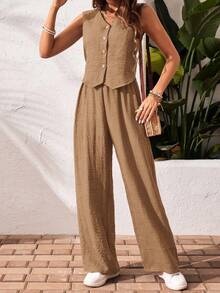 SHEIN Frenchy Bộ đồ hai mảnh nữ màu trơn, áo và quần cài cúc đơn, kiểu dáng thường ngày. - gừng - Xem 5