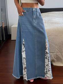 DAZY Chân váy chữ A phối ren tương phản phong cách cao bồi miền Tây, chân váy denim mùa hè thoải mái cho nữ. - Màu xanh lam - Xem 6