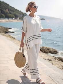 Faunlyn Women's Vacation Casual Contrast Stripe Side Slit Top And Pants 2 Pieces Set - White - View 3