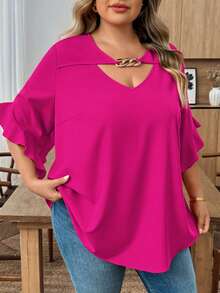 SHEIN CURVE+ Plus Size Women Solid Color Metal Decor Casual Versatile Daily Wear Blouse - Hot Pink - View 4
