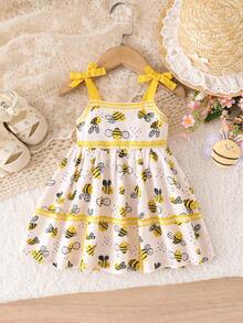 SHEIN Playful Pals 女嬰可愛卡通蜜蜂印花對比色綁肩無袖A字軟休閒洋裝，夏季 - 黃色 - 查看 4
