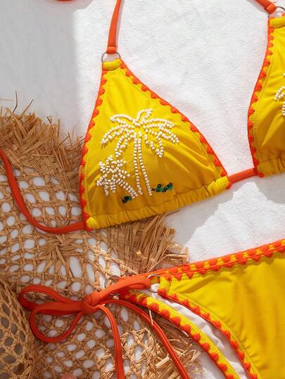 Swim Chiccia Women's Vacation Beach Beaded Coconut Tree Decor Contrast Trim Swimsuit Set