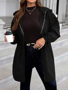 SHEIN LUNE Chaqueta casual de manga larga con capucha y cremallera frontal de color liso para tallas grandes, ropa de otoño para tallas grandes - Negro - Ver 3
