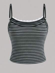 SHEIN Girlism 少女休闲罗纹针织吊带背心，蕾丝边饰，搭配同款阔腿裤两件套，舒适弹力针织条纹运动服套装，适合春夏穿着 - 深灰色 - 查看 5