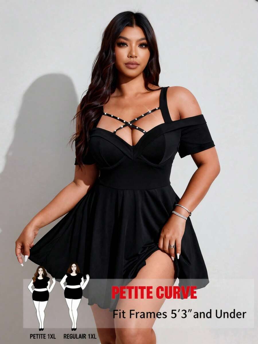 SHEIN PETITE CURVE 大码女式黑色蕾丝性感镂空前卫法式休闲青春时尚弹力针织百搭舒适打底连衣裙，性感社交活动/假日装扮 - 黑色 - 查看 1
