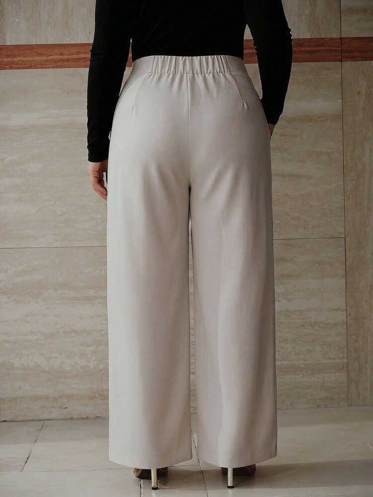 PLUS SIZE METAL BUTTON OVERLAP WAIST FOLD PLEATED WIDE LEG PANTS