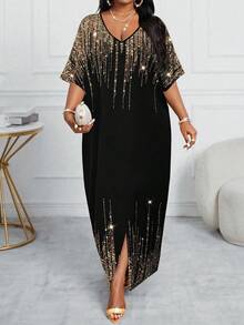 SHEIN Lady Váy dạ hội tay ngắn dệt kim nhiều màu sắc sang trọng cho dự tiệc đi làm văn phòng mùa xuân và mùa thu và mùa đông váy kaftan cỡ lớn - Vàng - Xem 4