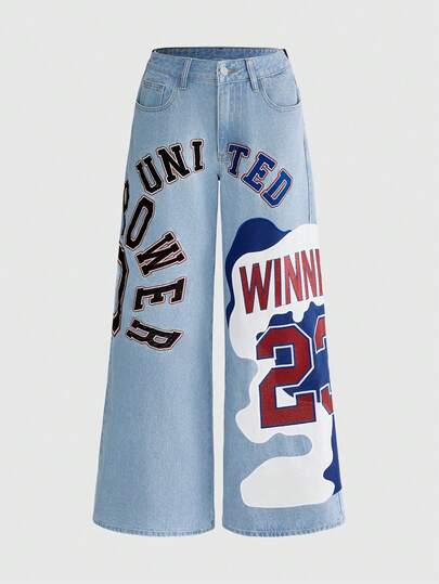 ROMWE Avant Quần jeans nữ ống rộng cạp thấp, kiểu dáng thể thao retro, phối màu tương phản, thêu chữ số.