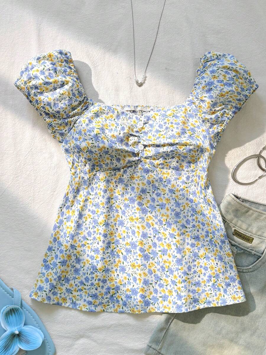 SHEIN 少女碎花短袖休闲日常百搭时尚上衣 - 淺藍色 - 查看 1