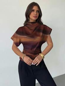 Firerie Crinkle Collar Asymmetrical Sleeve Side Ruched Cinched Waist Commuter Brown Tie-Dye Print Blouse For Women, All Season - Brown - View 3