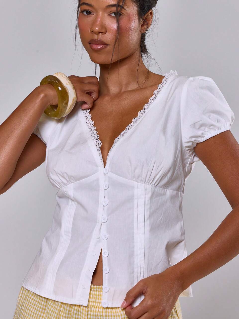 White Lace Trim Button Through Cinched Fitted Cap Sleeve Blouse Shirt