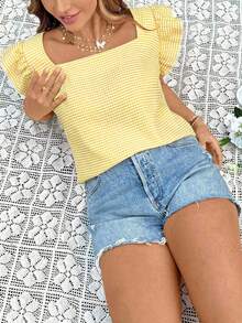 SHEIN VCAY Áo sơ mi tay ngắn kẻ caro dáng rộng cỡ lớn - Màu vàng - Xem 3