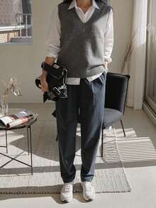 DAZY Solid V-Neck Sweater Vest Without Blouse,Fall Clothes - Grey - View 3