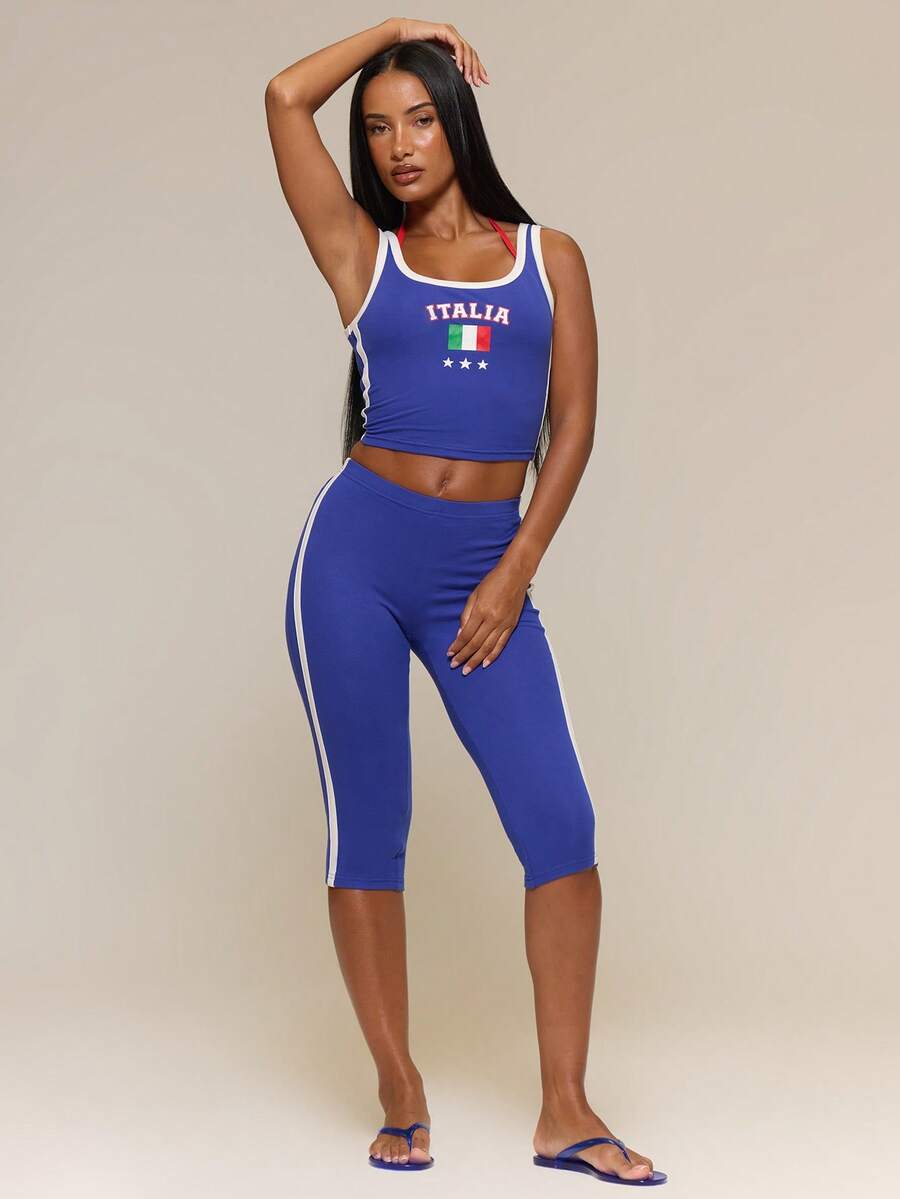 MUSERA Bộ đồ thể thao mùa xuân hè gồm áo tank top và quần capri in họa tiết Italia, phù hợp cho lễ hội bóng đá thế giới Ý, dễ thương, gợi cảm và thường ngày. - Màu xanh lam - Xem 1