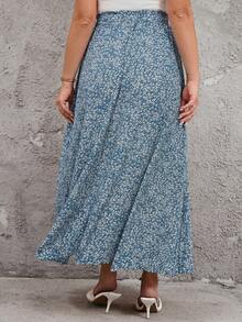 Reflora Plus Size Summer Pink Densely Printed Flared Comfortable Skirt - Blue - View 2