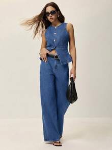 Poéselle Bộ đồ denim nữ dáng thường ngày gồm áo cổ tròn cài cúc đơn và quần dài. - Màu xanh lam - Xem 7