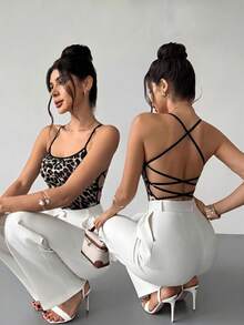 Firerie Áo hai dây nữ thanh lịch, lãng mạn, kiểu bohemian, in họa tiết đan chéo, hở lưng, thích hợp cho kỳ nghỉ biển ở Hawaii và những buổi hẹn hò. - Nhiều màu - Xem 2