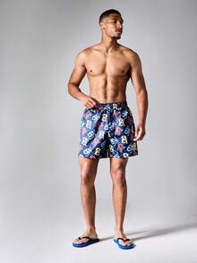 SUMWON Regular Fit All-Over Monogram Print Swim Trunks With Elastic Drawstring Waist Summer Beach Holiday Shorts - Royal Blue - View 3