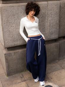 Xuxu's by Gio Quần nữ mùa Thu/Đông phong cách đường phố, thích hợp đi học, kiểu dáng preppy, ấm áp, thoải mái, màu xám Pháp, cạp chun, gấu quần cong. - Màu xanh hải quân - Xem 5