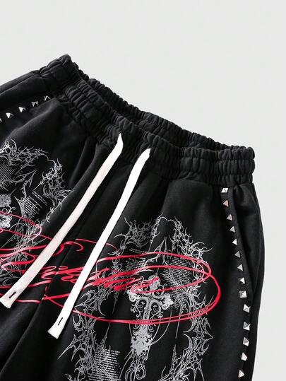 ROMWE MEN Street Life Quần short nam kiểu dáng thường ngày, in hình chữ thập và đính đinh tán, thích hợp cho mùa hè.