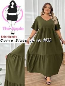 SHEIN CURVE+ 大码长款沙滩度假连衣裙 波西米亚风 夏季/乡村/沙滩度假装/沙滩装/沙滩服饰 - 軍綠色 - 查看 1