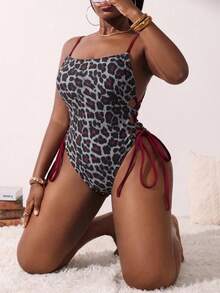 Slaydiva Plus Size Women's Leopard Print Fitted Sexy One-Piece Swimsuit Beach Summer - Rusty Rose - View 6