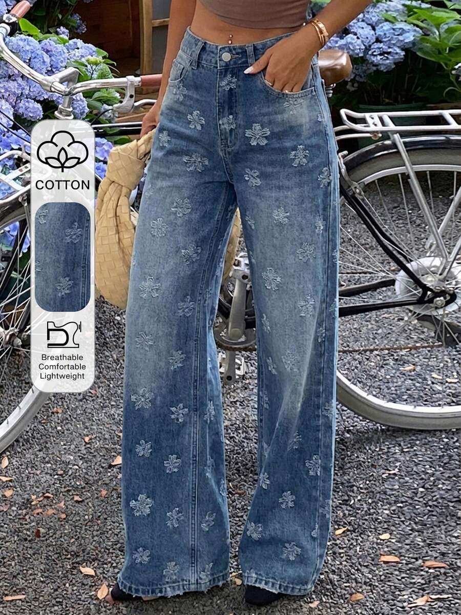 Dazy Tall Quần jeans ống đứng dáng rộng thoải mái cho nữ, thích hợp cho kỳ nghỉ. - Rửa trung bình - Xem 1