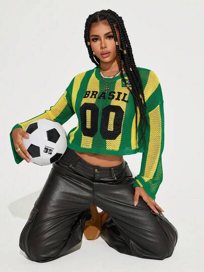 Gowayae Gowayae Top corto de malla con rayas neón verde estilo deportivo Y2K, suéter transparente de manga larga con gráfico del número 00 del equipo de Brasil para mujeres