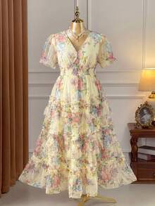 SHEIN Clasi New Short Sleeve Cake Tulle Floral Dress, Suitable For Birthday Party, Afternoon Tea Gathering, Valentine's Date, Wedding, Evening Party - Light Yellow - View 1