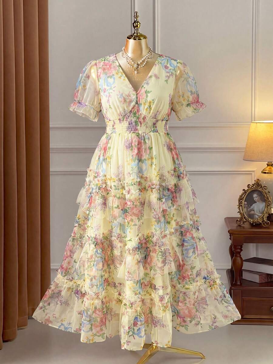SHEIN Clasi New Short Sleeve Cake Tulle Floral Dress, Suitable For Birthday Party, Afternoon Tea Gathering, Valentine's Date, Wedding, Evening Party - Light Yellow - View 1