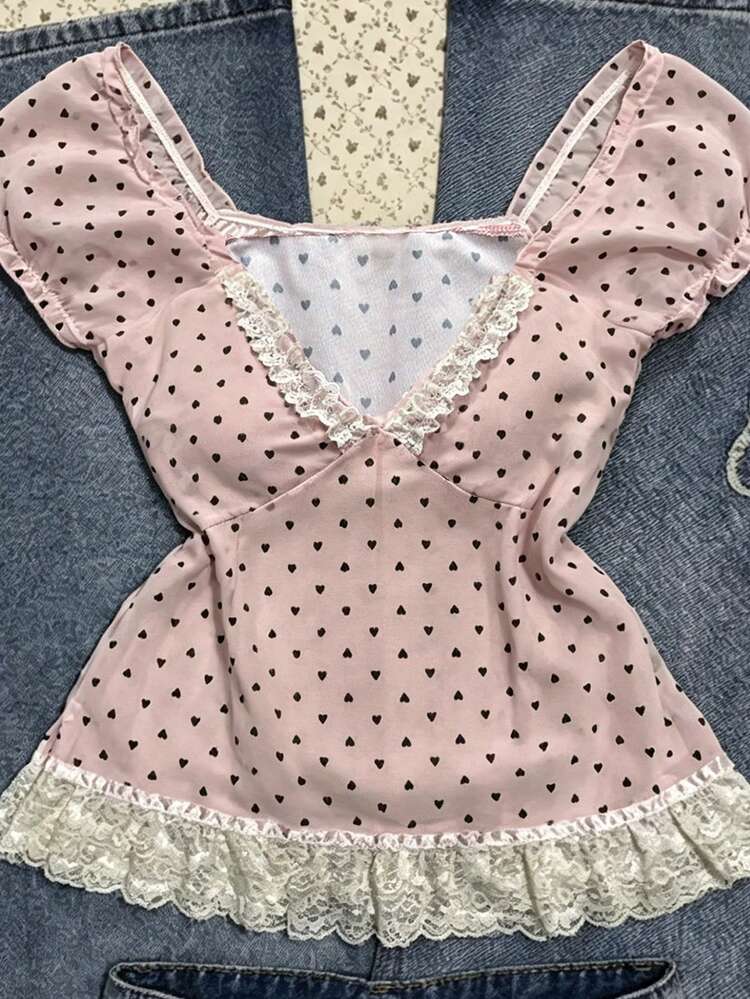 Women's Polka Dot & Lace Patchwork V-Neck Casual T-Shirt, Spring/Summer