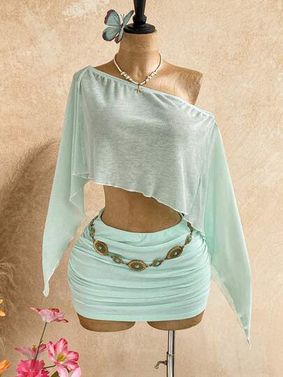 Soleia New Sexy Party Gold Sequin Sheer Asymmetric Shoulder Loose Top With Asymmetrical Hem And Low Waist Ruched Mini Skirt, Bohemian, Boho, Vacation, Vintage, Holiday, Beach, Cruise